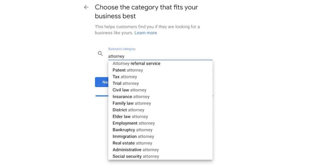 attorney categories google my business