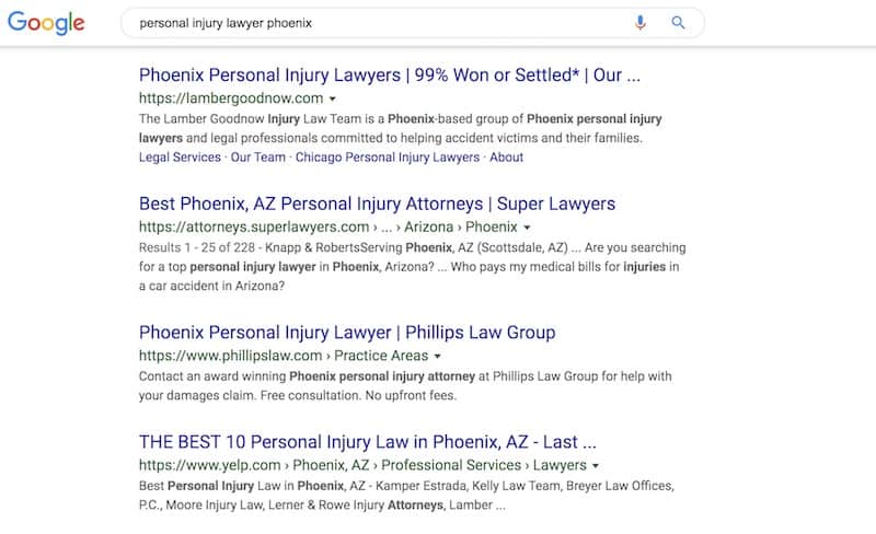 personal injury lawyer organic search results