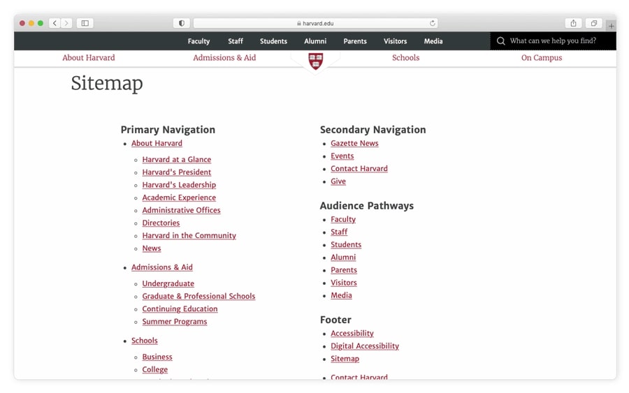 Harvard HTML Sitemap