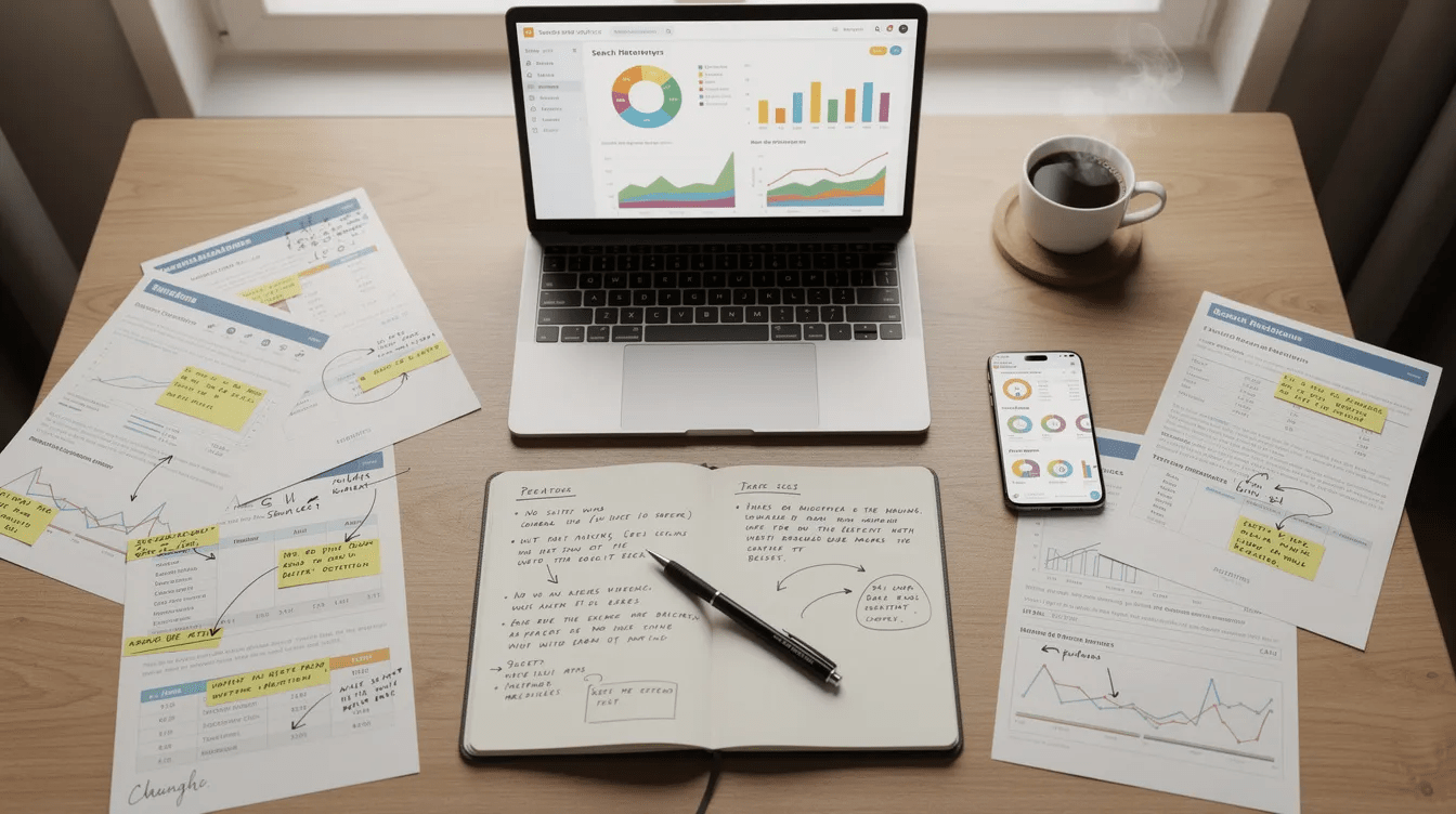 A marketer is seated at a desk, reviewing search analytics and taking notes, with a steaming cup of coffee beside them. This scene captures the essence of content marketing strategy development, highlighting the importance of search engine optimization and performance tracking in enhancing online visibility and driving organic traffic.