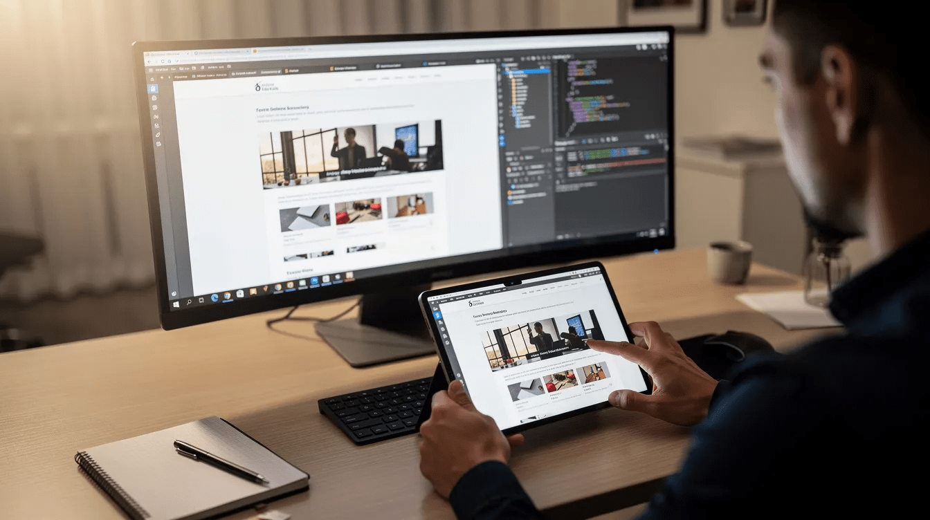 The image depicts a person engaging with a website on a tablet while a desktop monitor displays the same site with developer tools open, showcasing a web design and development process. This scene highlights the integration of responsive web design and digital solutions in creating a user-friendly digital presence.