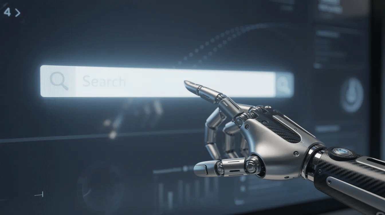 A close-up of a sleek robotic hand is shown reaching toward a glowing search bar on a digital screen, symbolizing the intersection of technology and search engine optimization. The vibrant display represents the importance of effective search queries and organic search traffic in navigating web pages and achieving high search engine rankings.