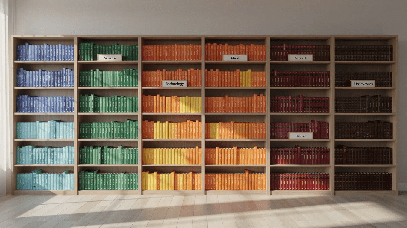 The image features neatly organized bookshelves displaying color-coded books arranged by topic, creating a visually appealing and structured environment. This setup can inspire bloggers to organize their blog content effectively, similar to how one would categorize blog posts into relevant categories for easier navigation.