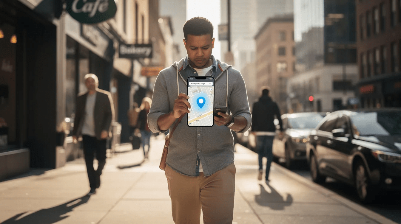 A person is walking down a bustling city street while focused on their smartphone, illustrating mobile local search behavior. This scene highlights the importance of understanding user intent and optimizing for relevant keywords in digital marketing strategies.