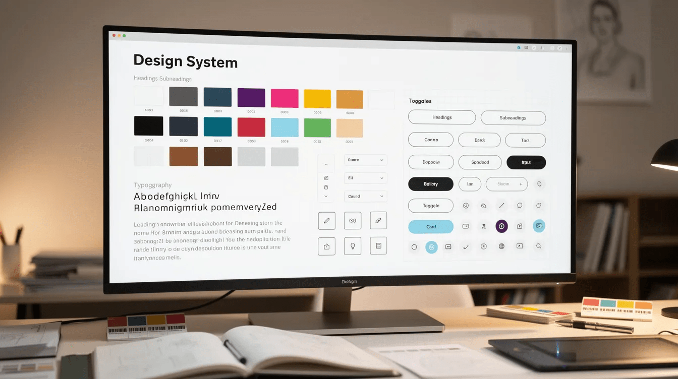 The image showcases a large monitor screen filled with an array of color palette swatches, typography samples, and design system components, illustrating the creative process in a web design agency. This vibrant display highlights the essential elements of digital design and brand identity, emphasizing the importance of visual appeal in professional web design.