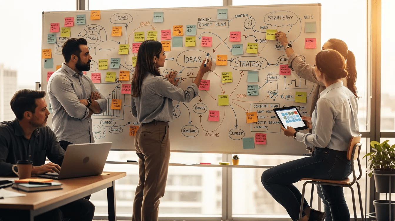 A diverse team of content creators is gathered around a large whiteboard filled with colorful sticky notes and diagrams, brainstorming ideas for enhancing search engine optimization strategies and improving website content. They are collaborating on effective SEO techniques to boost search engine rankings and drive organic traffic to their web pages.