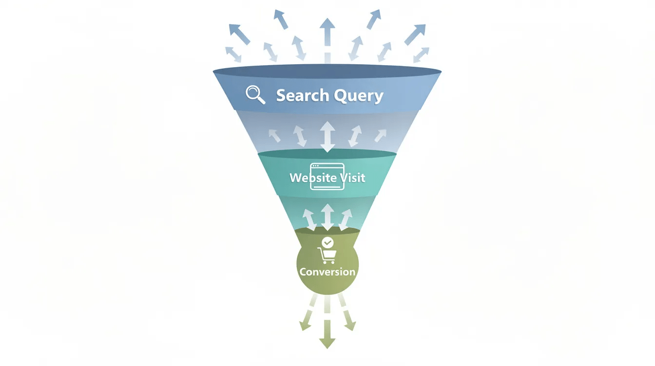 The image features a funnel-shaped diagram illustrating the stages of a user's journey, starting from a search query and flowing down to website visits and conversions. This visual effectively represents key concepts in digital marketing, such as keyword research, search engine optimization, and the importance of targeting the right keywords to drive qualified traffic.