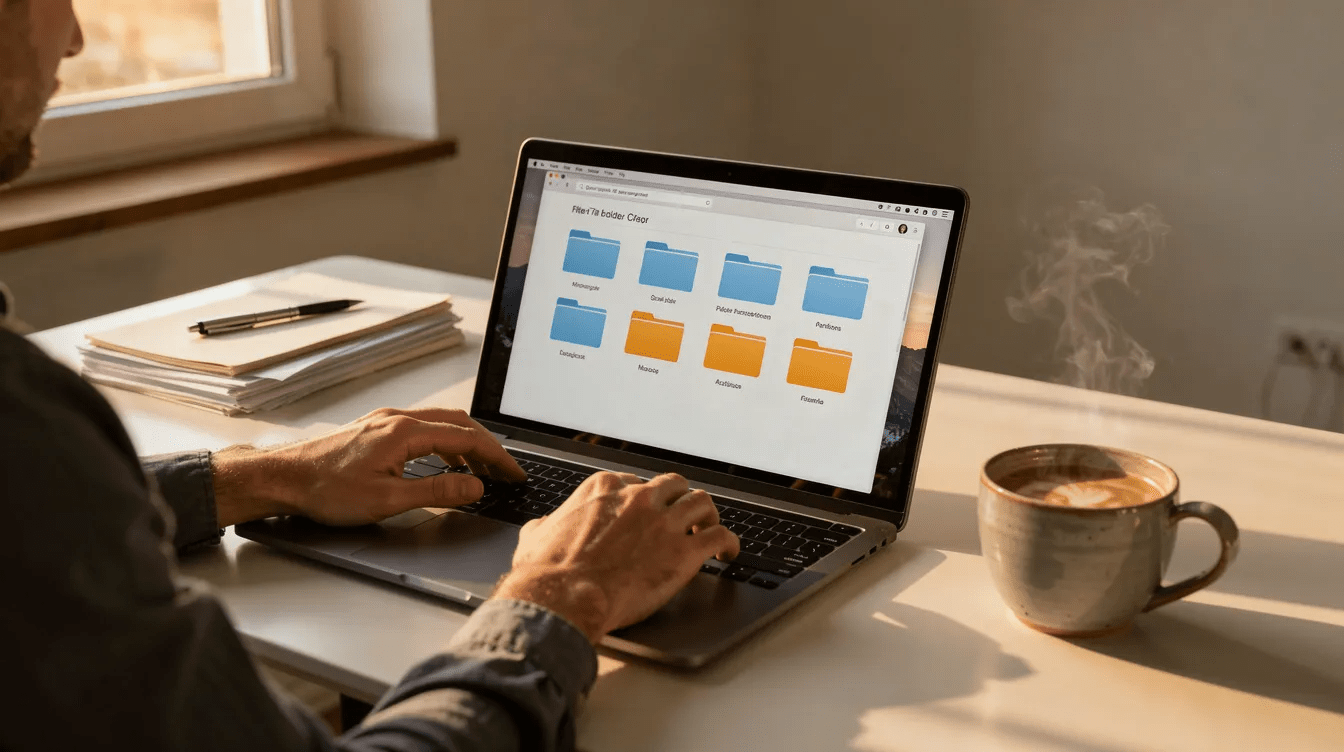 A person is seen organizing files and folders on a laptop screen, with a cup of coffee placed nearby, illustrating the process of managing blog posts and planning content effectively. This scene captures the essence of organizing a personal blog while focusing on relevant content and editorial calendars.