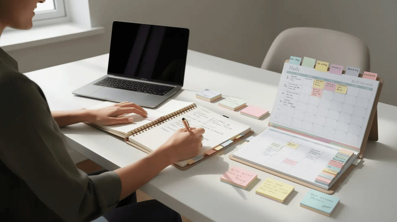 A person is sitting at a clean desk, focused on organizing their blog content with a laptop, a notebook, and a planner. Colorful sticky tabs are used to categorize blog post ideas, helping to streamline the process of creating relevant content for their personal blog.