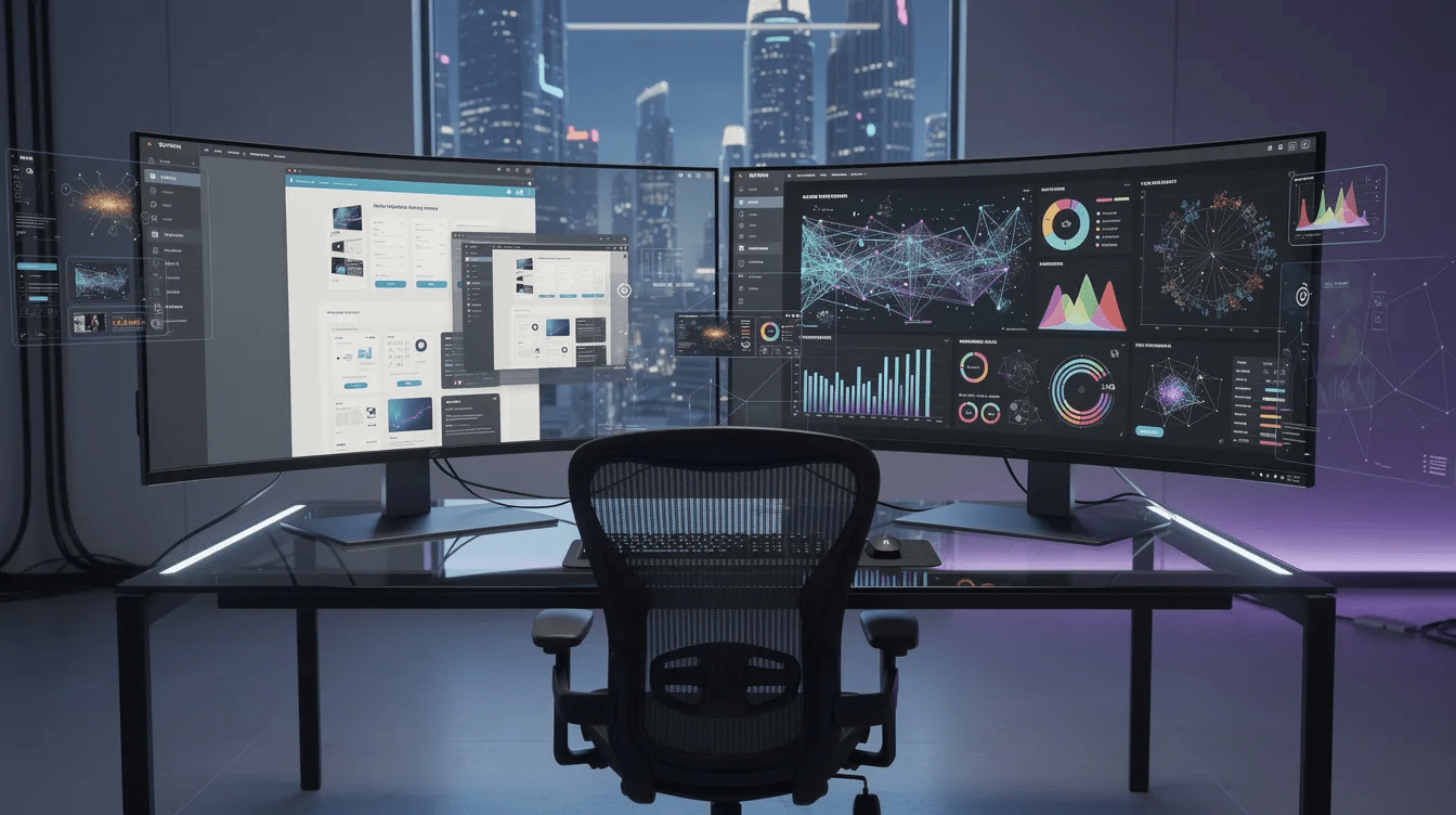 The image depicts a futuristic workspace featuring large, curved monitors that showcase 3D website prototypes and data visualization dashboards, illustrating the design process of a web design agency. This modern setting emphasizes digital solutions and professional web design, highlighting the importance of user experience and brand identity in today's digital presence.