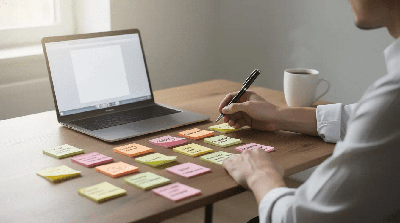 A person is seen writing keyword ideas on colorful sticky notes, which are neatly arranged on a desk beside a laptop and a coffee mug. This scene reflects the process of keyword research essential for search engine optimization (SEO) strategies, aimed at improving search engine rankings and driving organic traffic to web pages.