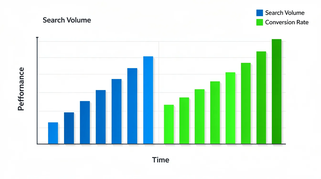 The image depicts a bar chart comparing search volume and conversion rates, with search volume bars decreasing in height while conversion rate bars increase. This visual highlights the importance of keyword research and SEO strategy in optimizing search engine results and targeting the right keywords for effective digital marketing campaigns.