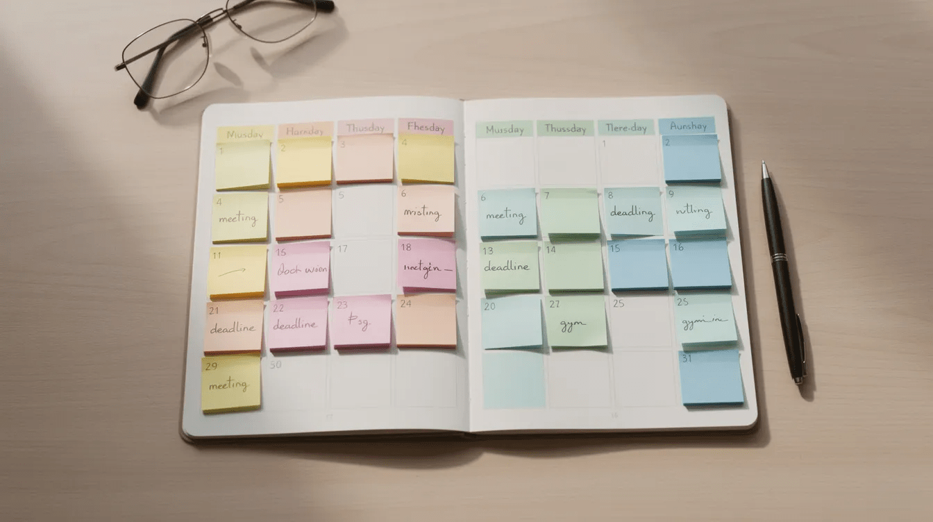 A monthly planner is laid flat on a desk, featuring colorful sticky notes organized by week, which can be incredibly helpful for bloggers to plan and track their blog post ideas and editorial calendar. The vibrant notes add a fun touch to the process of organizing your blog content effectively.